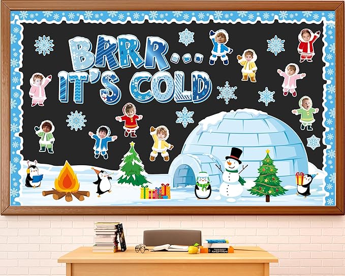 Winter Bulletin Board Decorations Christmas Snowflakes Snowman Penguin Cutouts DIY Photo Paper Cutouts Brrr It’s Cold Holiday Decor for Christmas Chalkboard School Home Wall Teacher Supplies