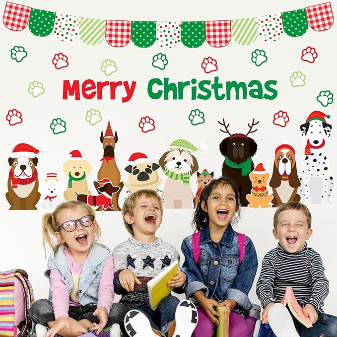 JarThenaAMCS 73Pcs Christmas Pet Dog Bulletin Board Decoration Set Cute Puppy Theme Paper Cutouts for Xmas Holiday School Classroom Chalkboard Decor