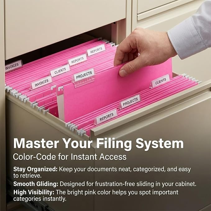 VZCPYTPM 25 Pack Hanging File Folders Letter Size,Pink Reliable Hanging Folders for Filing Cabinet,Reinforced Rods for Smooth Gliding,Includes 1/5 Adjustable Tabs & Inserts,Ideal for Home & Office