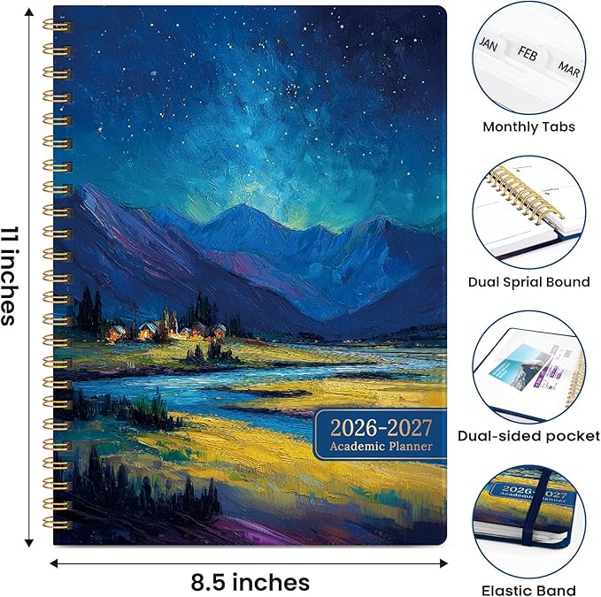 Academic Planner 2026-2027, Weekly and Monthly Calendar Book, July 2026 – June 2027, Hardcover Planner with Tabs, Perfect for Teachers, Students, Women & Men, A4 (8.5" x 11") - Night Peak