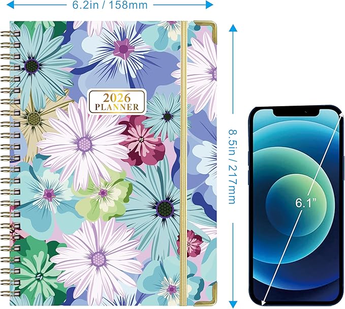 2026 Weekly and Monthly Planner, Medium 6.2 x 8.5 Inch, Hardcover with Floral Design, Jan-Dec Calendar, Spiral-Bound with Monthly Tabs, 100 GSM Paper (yellow flower) (puple blue flower))