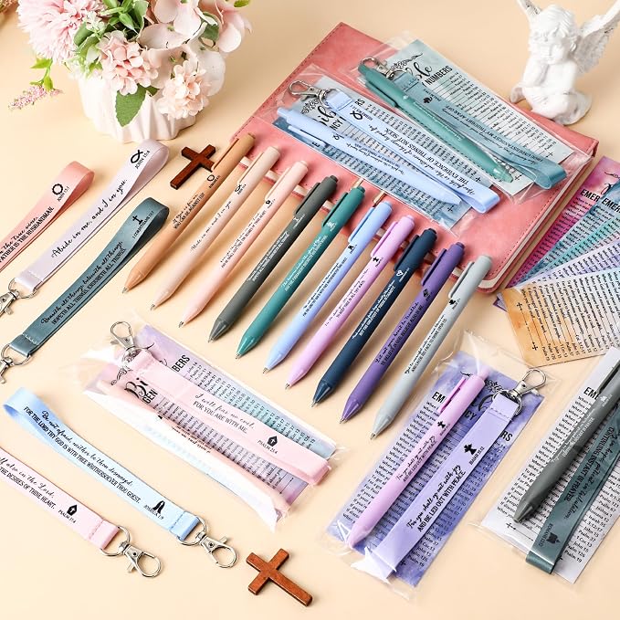 Sinload 25 Set Christian Gift Bulk Bible Emergency Numbers Bookmark with Silicone Keychains Scripture Quote Pen Religious Study Supplies for Father Day Church Bible Study Group (Watercolor)
