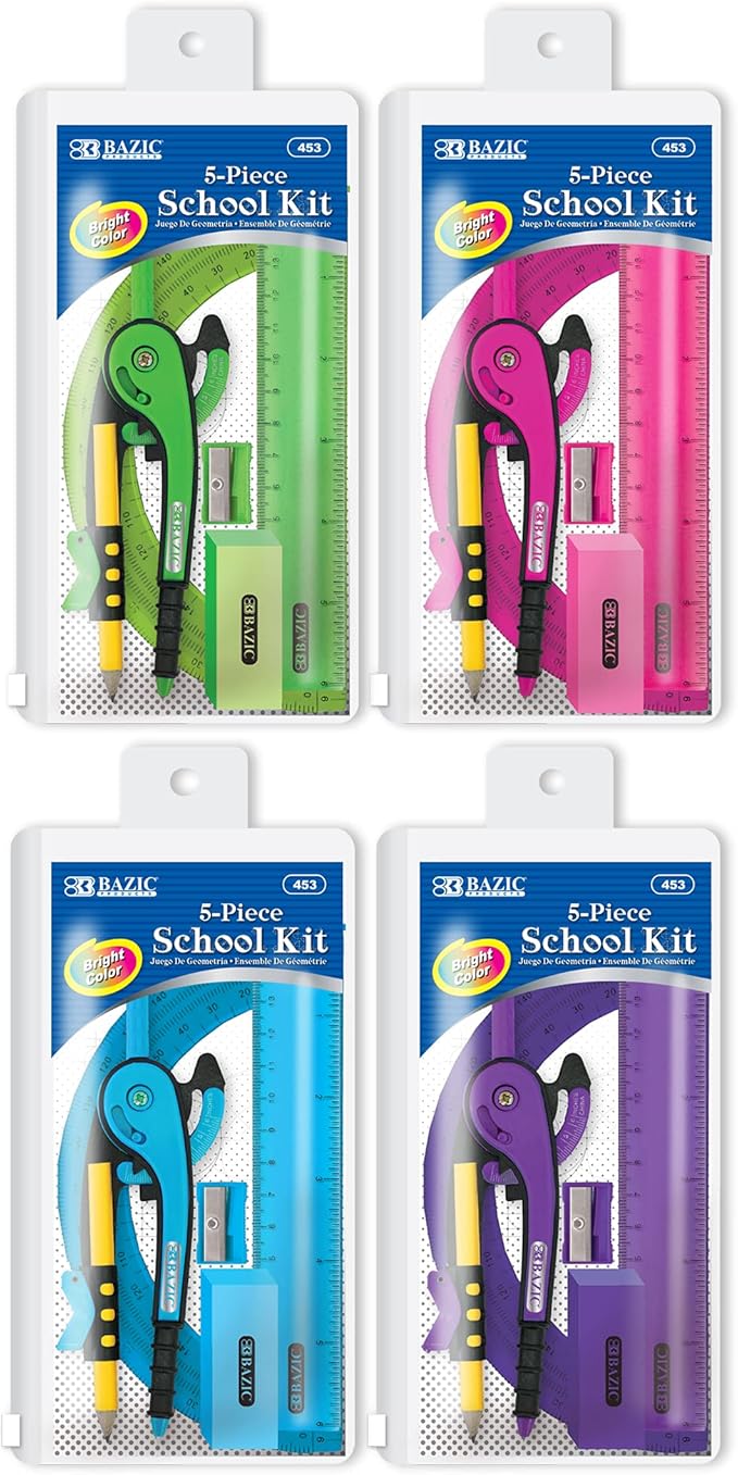 BAZIC Products Math Geometry Set 5 Pieces Protractor, Compass, Sharpener, Wood Pencil, Eraser, Storage Zipper Pouch, Drafting Drawing Tool, 144-Packs