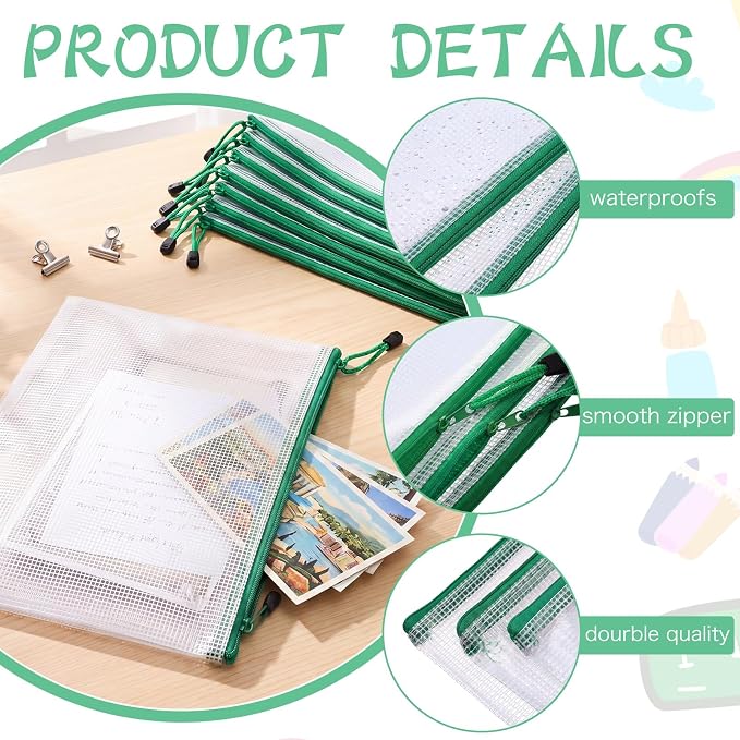 Zhehao 200 Pcs A4 Mesh Zipper Pouch Bulk Waterproof Mesh Zipper Organizer Plastic File Folder Case for School Office Supplies Document Board Games Puzzle(Green)