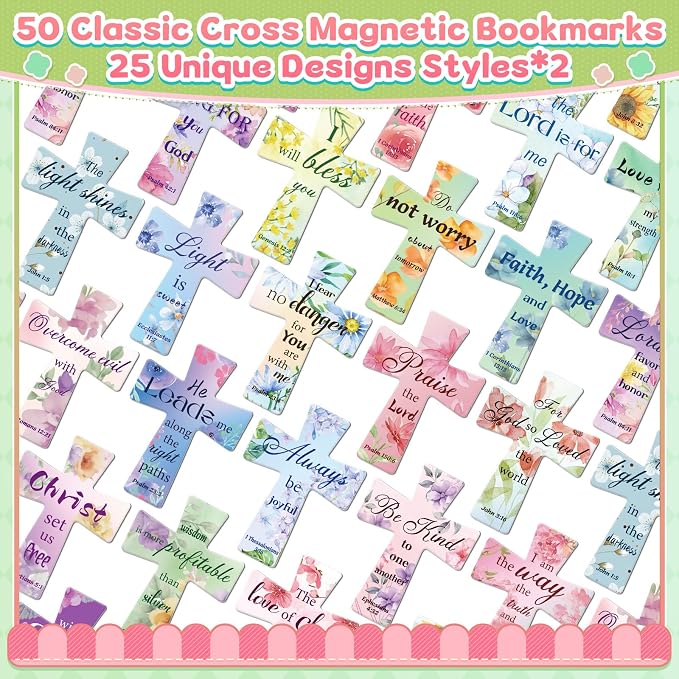50Pack Magnetic Bookmarks Bulk Cross Bible Bookmark Christian Bookmarks for Women Men Kids Adults Teacher Book Lovers Gifts, Book Marks for Reading Religious Verses Magnet Bookmark Clips (Flower)