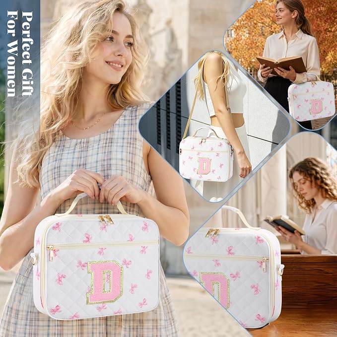 Personalized Initial Bible Cover Case for Women, Large Quilted Bible Bag with Durable Handle, Stylish Church Bag Journaling Kit with Study Supplies Accessories, Christians Gifts for Women (Pink-D)
