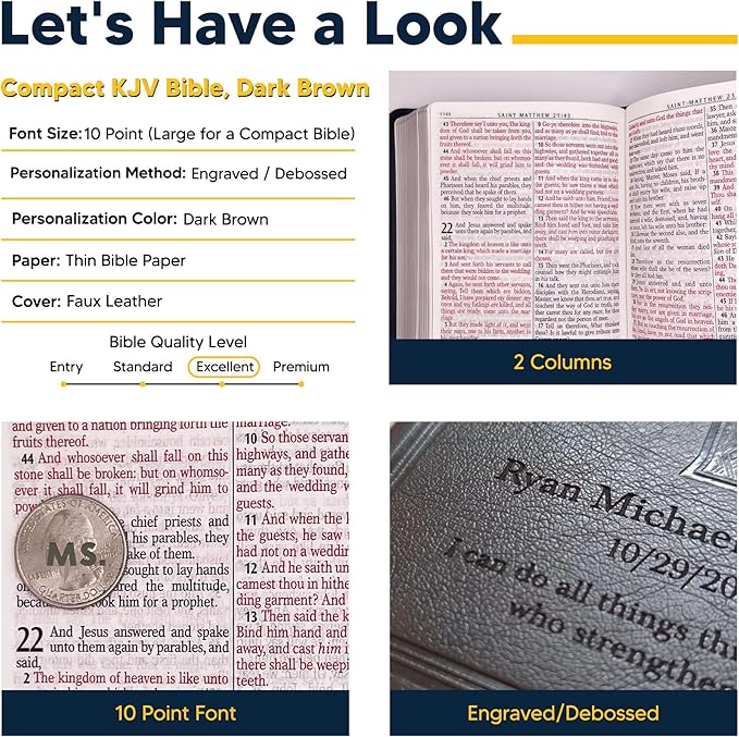 Personalized Compact Large Print KJV Holy Bible with Custom Name Includes Up to 3 Rows of Text with Red-Highlighted Verses, Custom Gift for Christian & Religious Celebrations | Dark Brown