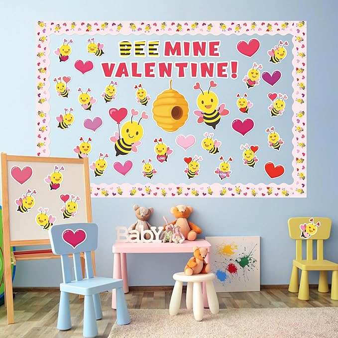 140Pcs Valentine's Day Bee Bulletin Board Classroom Decorations Bee Mine Valentine Heart Accent Cutouts Name Tags Border Trim Party School Classroom Chalkboard Door Wall Decor