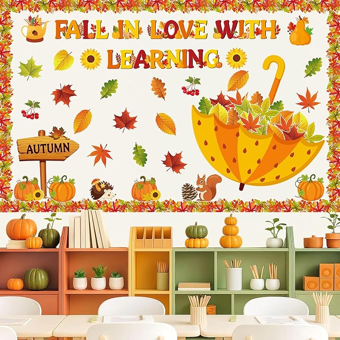 Fall Bulletin Board Decorations Fall in Love with Learning Classroom Bulletin Board Set Autumn Maple Leaves Umbrella Pumpkin Cutouts for School Office Home Wall Thanksgiving Decor