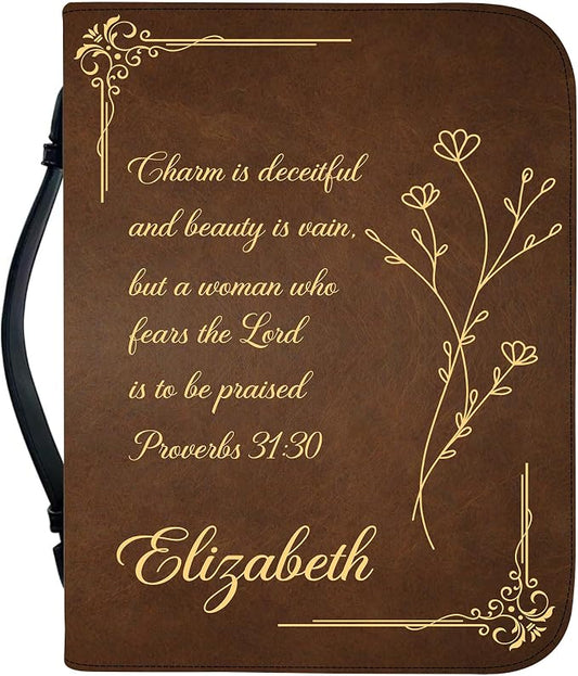 Custom Leather Bible Cover with Name – Personalized Bible Case for Women, Zippered with Handle, Bookmark & Storage Pockets, Christian Gift for Mom, Daughter, Grandma (Custom Quote, M-2XL)