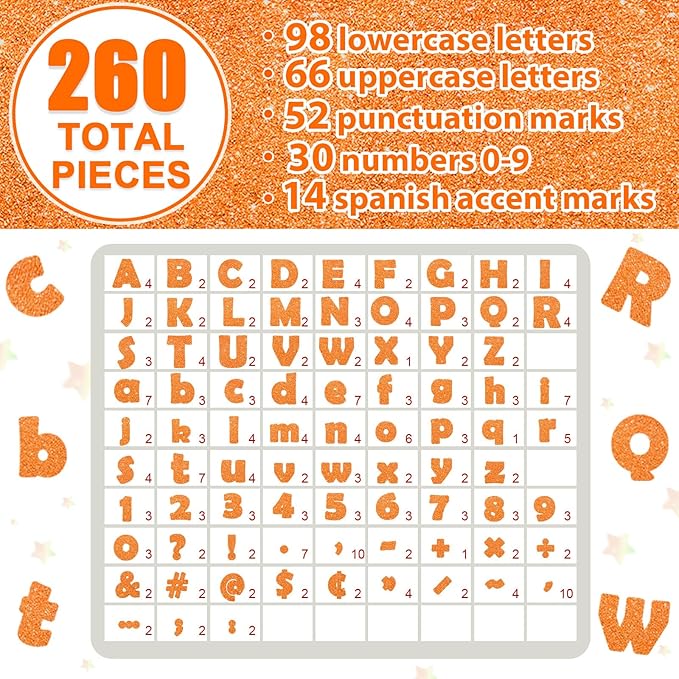 Qyeahkj 260Pcs Glitter Orange Bulletin Board Letters for Classroom 4” Letter Combo Pack Set Numbers Alphabet Poster Board Punctuation Symbol Cutout with Adhesive Dots for School Classroom Wall Decor