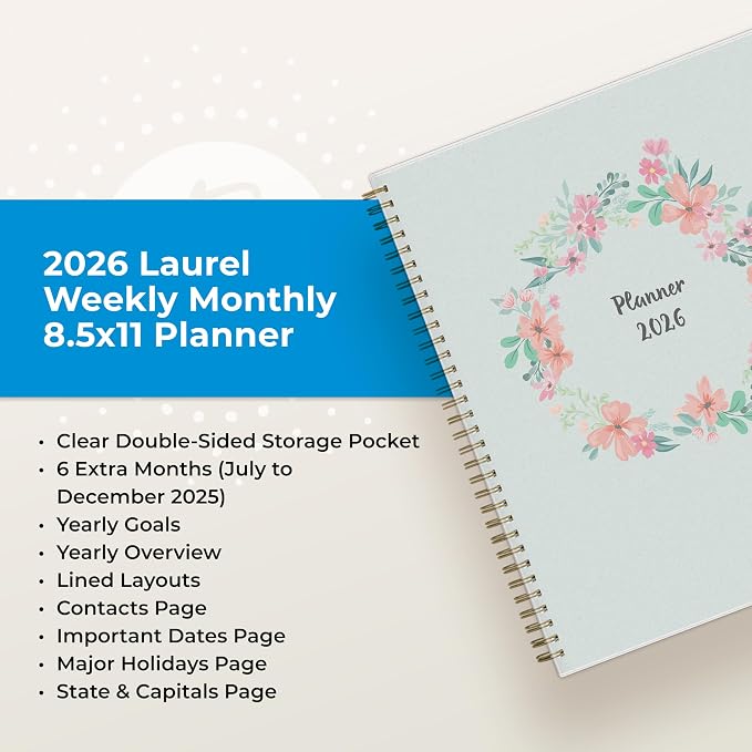 Blue Sky 2026 Weekly and Monthly Planner Calendar, January 2026 - December 2026, 8.5" x 11", Flexible Cover, Laminated Tabs, Durable Twin Wire Binding, Storage Pocket, Laurel