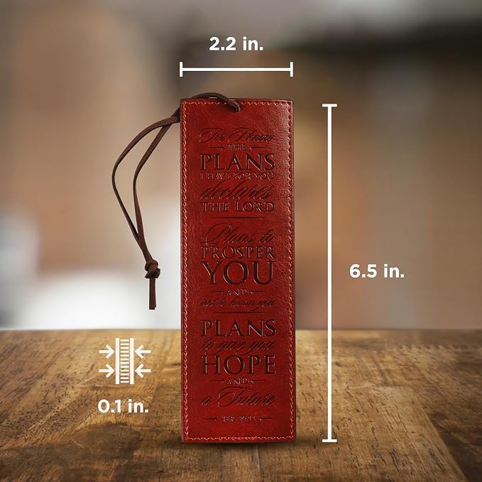 Christian Art Gifts Premium Vegan Leather Scripture Bookmark for Men: I Know The Plans - Jeremiah 29:11 Inspirational Bible Verse, Heat-Debossed, Faith-Based Reading Accessory, Brown with Cord Tassel