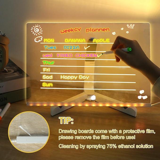 LED Note Board with Colors, Acrylic Dry Erase Board with Light, Magical Light Board, Light Up White Board with 7 Color Pen and Adjustable Stand, for Office School Home, Gift for Kids(6"x6")