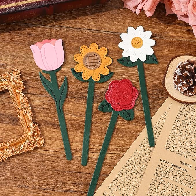 2 Pieces Bookmarks,Vintage Leather Flower Bookmarks for Women,Cute Bookmarks for Book Lovers,Teacher,Rose and Sunflower