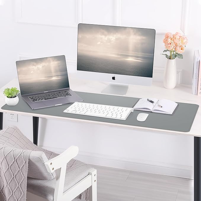 AFIING Leather Desk Pad Protector, 47" x 17" Large Desk Mat with Natural Cork & PU Leather, Mouse Pad, Non-Slip, Waterproof Desk Writing Pad for Office and Home (Light Gray)
