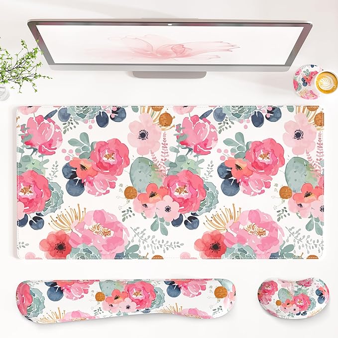 QiyI Leather Desk Mat Set, 4-in-1 Large Mouse Pad with Wrist Rest, Non-Slip Desk Pad + Keyboard Wrist Rest + Mouse Wrist Support + Coaster, Office Desk Accessories Home Decor Supplies, Pink Flowers