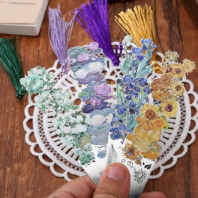 4 PCS Metal Bookmarks with Tassel, Retro Flower Oil Painting Bookmarks for Women (BKM-046-005-F4)