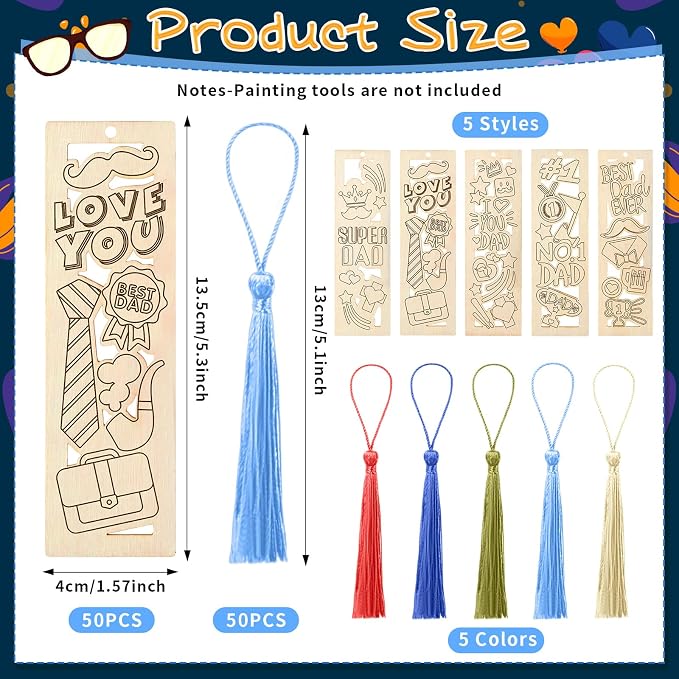 Yexiya 100 Pcs Father's Day Wood Bookmarks Bulk DIY Crafts Kit, 50 Set Blank Coloring Bookmarks with Tassel for Dad Grandpa Gifts Classroom Activity Party Favor