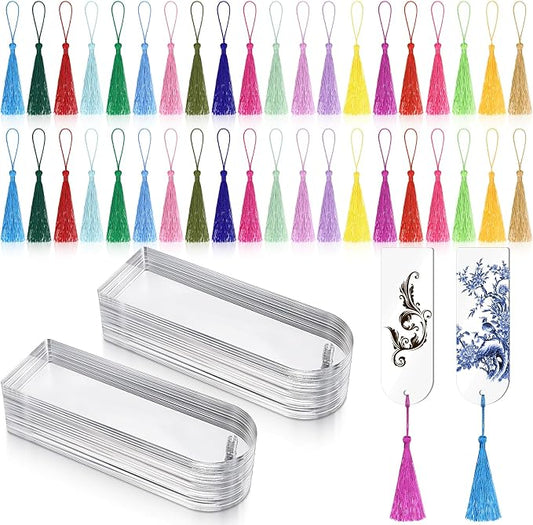 80 PCS 2MM Clear Acrylic Bookmark Blanks, 6" x 2" Extra Thick Semicircle Clear Bookmark Plastic Blank with 40 pcs Colorful Tassels Transparent Rectangle Round Bookmarks for DIY Crafting Projects