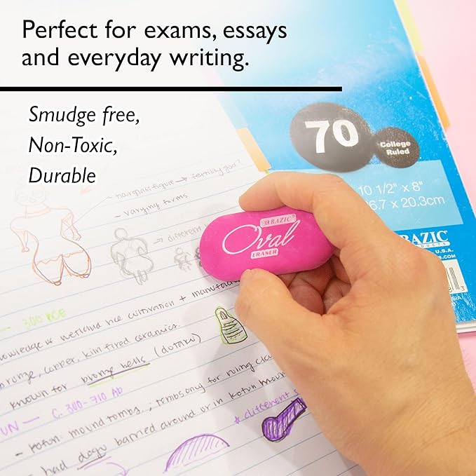 BAZIC Products Erasers, Bright Color Oval Eraser (4/Pack) Latex Free, Large Size Block Erasers for Art Drawing School Office Teachers, 72-Packs