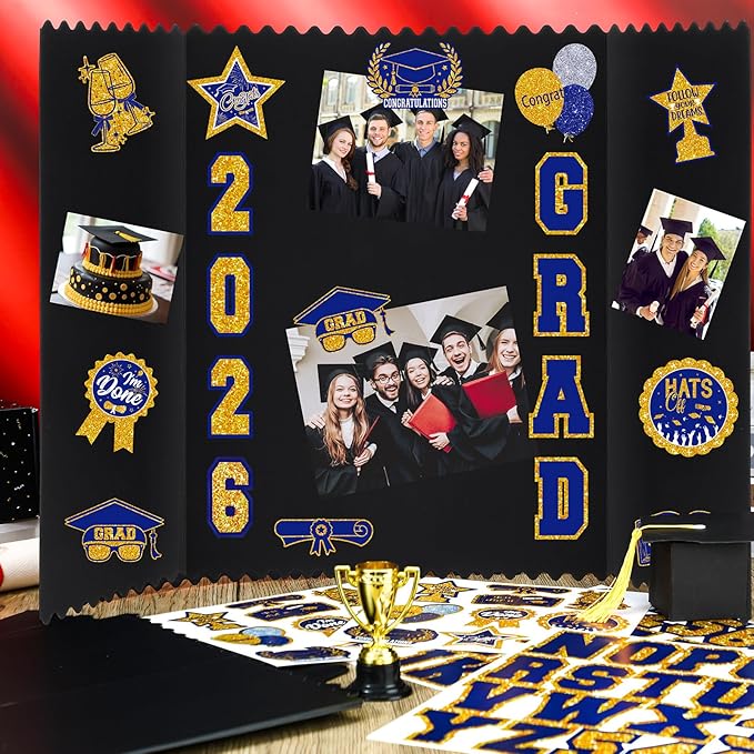 AmazingSpark 4 Sets Graduation Photo Display Board Trifold Poster Board with 12 Graduation Themed Stickers for 2026 Grad Party Decoration Picture Collage Frame Supplies (24 x 16,Blue Gold)