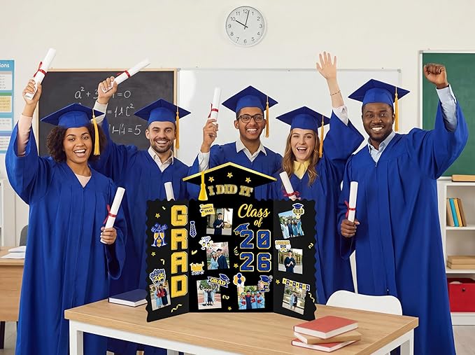 Moon Boat 5 Pack Graduation Decorations 2026 Trifold Poster Boards with Stickers Class of 2026 Grad Party Picture Display Supplies(Blue Gold)