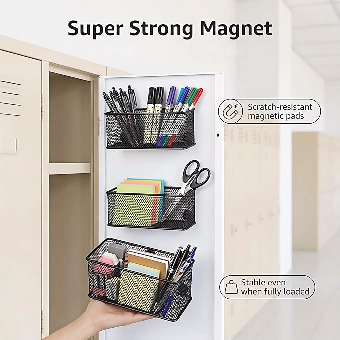 Neudeco Magnetic Locker Organizer and Accessories, Wire Mesh Magnetic Storage Basket, Magnetic Holder for Dry Erase Markers, Strong Magnet Pen Holder for Fridge School, Pack of 3, Black