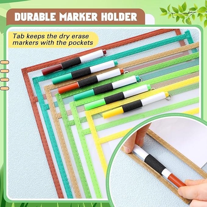 Watersay 24 Pcs Dry Erase Pocket Reusable Sleeves 10" x 14" Clear Plastic Sheet Protectors with Markers and Mini Dry Erasers for Paper(Assorted Color)