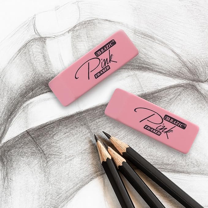 BAZIC Products Pink Eraser, Latex Free Bevel Block Erasers, Large Size for Classroom, Office, and Art Use, Smooth Pencil Correction for Writing, Sketching, & Daily Tasks, 12/Pack, 48-Pack