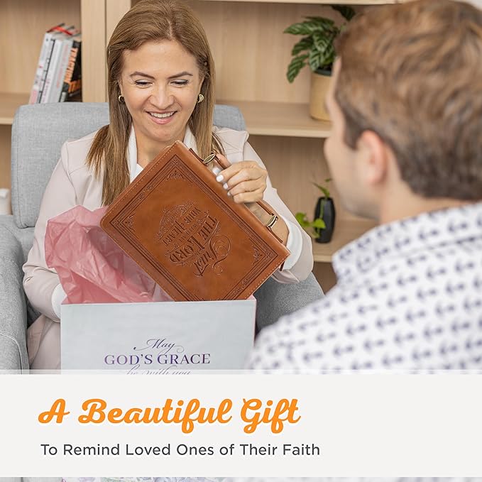 Christian Art Gifts Classic Vegan Leather Bible Cover for Men & Women: Trust in the Lord Inspirational Bible Verse, Sturdy Easy Carry Book Case, Pen Loops, Pockets, Accessory Storage, Brown, Large
