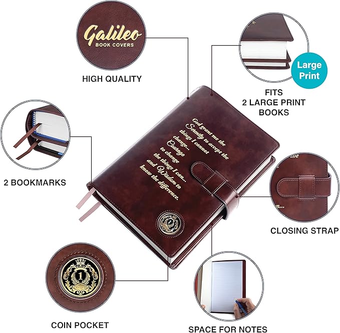 GALILEO® Large Print Double AA Big Book Cover & 12 Steps & 12 Traditions | PU Leather | AA Book Covers for Hardcover | AA Gift | Alcoholics Anonymous | Serenity Prayer (Large Print/Brown)