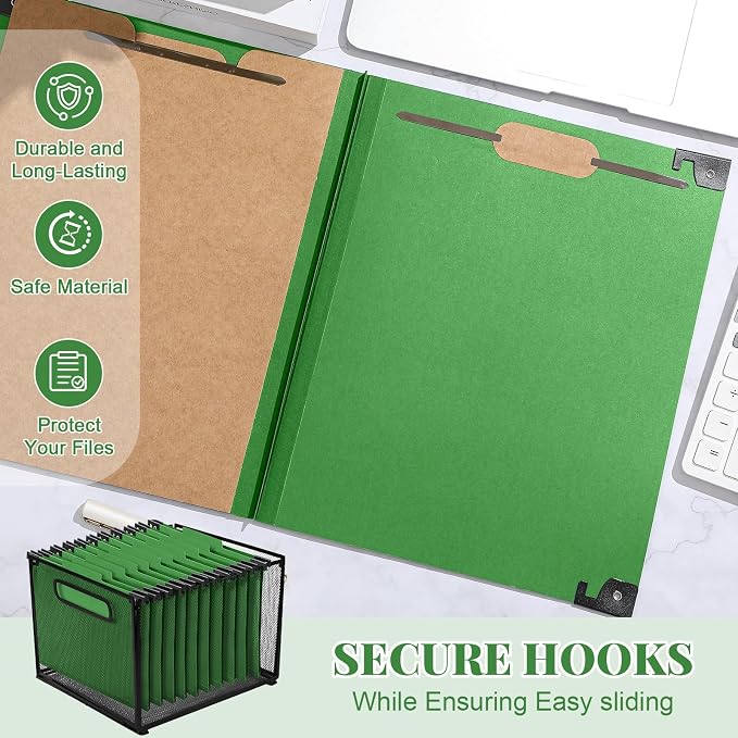 Henoyso 10 Pcs Hanging Classification File Folders, Letter Size Green Pressboard Folders with 3 Dividers, 8 Fasteners, 4 Inch Expansion, 1/3-cut Top Tab for Medical Records and File Cabinet Organizer