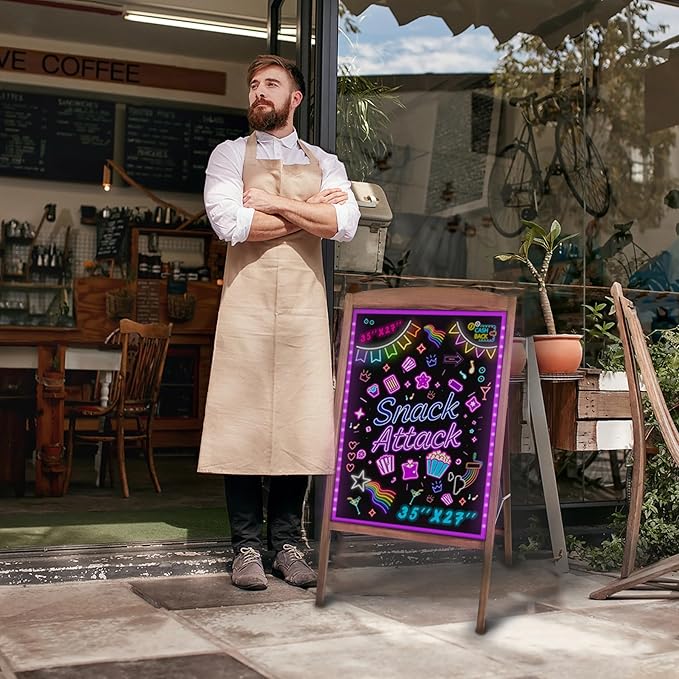 Hosim LED Message Writing Board 28"x20", Standing A-Frame Wooden LED Message Sign Board Illuminated Erasable Neon Restaurant Menu Sign, 8 Colors Markers & 16 Lighting Colors Flashing DIY Chalkboard