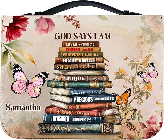 Personalized Man of God Bible Cover, God Says I Am Bible Case PU Leather, Bible Holder Handle Zipper, Faith Scripture with Name Case Bag, Religious Gifts for Church Christians Women Men (GOD-11)