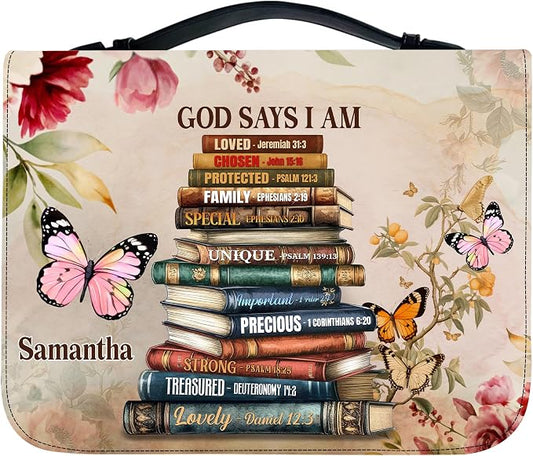 Personalized Man of God Bible Cover, God Says I Am Bible Case PU Leather, Bible Holder Handle Zipper, Faith Scripture with Name Case Bag, Religious Gifts for Church Christians Women Men (GOD-11)