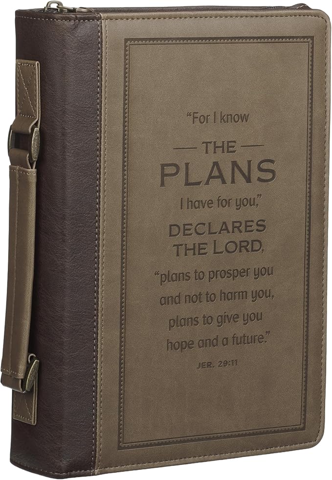 Christian Art Gifts Premium Vegan Leather Inspirational Bible Cover for Men & Women: Know the Plans Debossed Encouraging Scripture, Easy Carry Handle Zippered Case, Pen Loops, Pockets, Brown, Medium