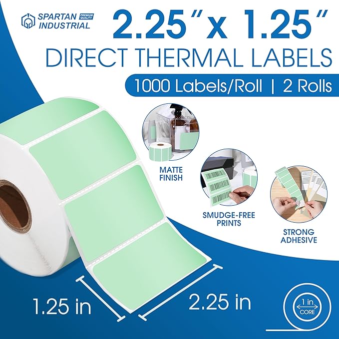 Spartan Industrial - 2.25" X 1.25" Green Direct Thermal Labels (2000 Count, 2 Rolls) Perforated Barcode Address Stickers - Compatible with Rollo, Zebra, MUNBYN Desktop Printers