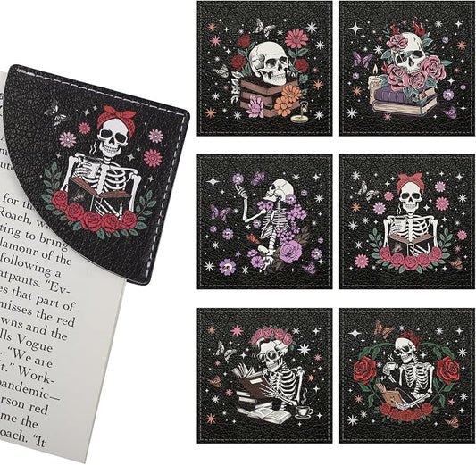 6Pcs Skull Corner Bookmarks,2.76 ×2.76Inch Skeleton PU Leather Book Marks Book Reading Accessories Birthday Gifts for Book Lovers Reading Women, Men, Student, Teacher