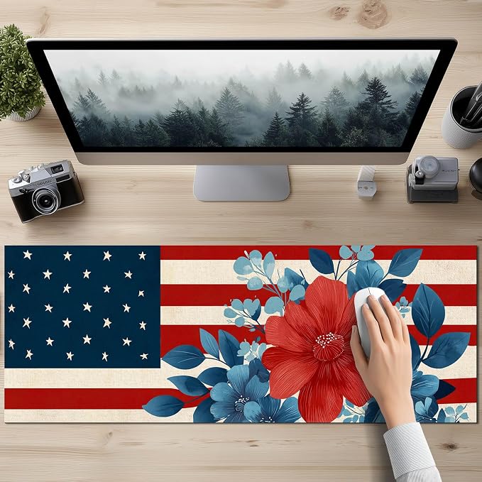 HOMETITUTE Mouse Pad 31.5 x 11.8 Inch American Flag Floral Desk Mat XL Large Extended Keyboard Mat Computer Desk Pad Non Slip Waterproof Mouse Pads Gaming Office Accessories
