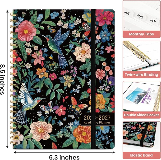 Planner 2026–2027, Academic Year Monthly & Weekly Calendar Book, Jul 2026–Jun 2027, Hardcover Organizer with Tabs, Student & Teacher Planner, 6.3" x 8.5", Hummingbird