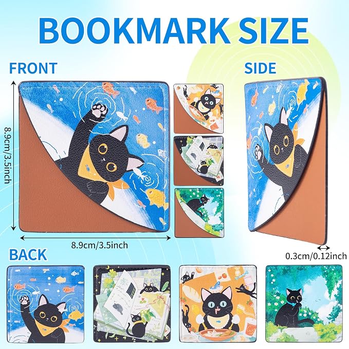 4Pack Bookmarks Cute Black Cat Themed Corner Page Markers Rural Style Artificial Leather Book Page Holders for Reading,Teachers Students Book School Office Accessories