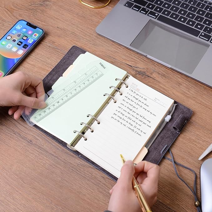 Wonderpool Leather Journal Lined Paper Notebook & Pen - Refillable 6 Ring Binder Writing Spiral Diary with Ruled Notepads Vintage Cover for Office Travel Work and Plan Agenda (A6, a-Mist blue)