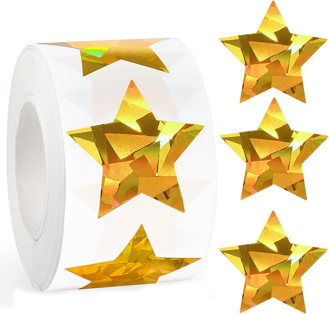 500Pcs 1" Holographic Gold Star Stickers, Large Self-Adhesive Glitter Foil Reward Stickers for Kids, Ideal for Behavior Charts, Student Planners, Teacher Supplies & School Classroom Use
