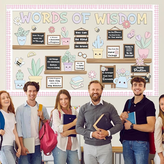 Spring Bookshelf Bulletin Board Set Pastel Motivational Words of Wisdom Classroom Decoration Inspirational Positive Potted Plant Flowers Cutouts for School Office Home Library Chalkboard Wall Decor