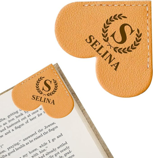 EDSG Personalized Leather Heart Bookmark, Corner Bookmark Book Marks Clip with Birth Flower & Name, Bookmarks for Women Men, Reading, Teachers, Birthday, Graduation Christmas(Gold-Heart)