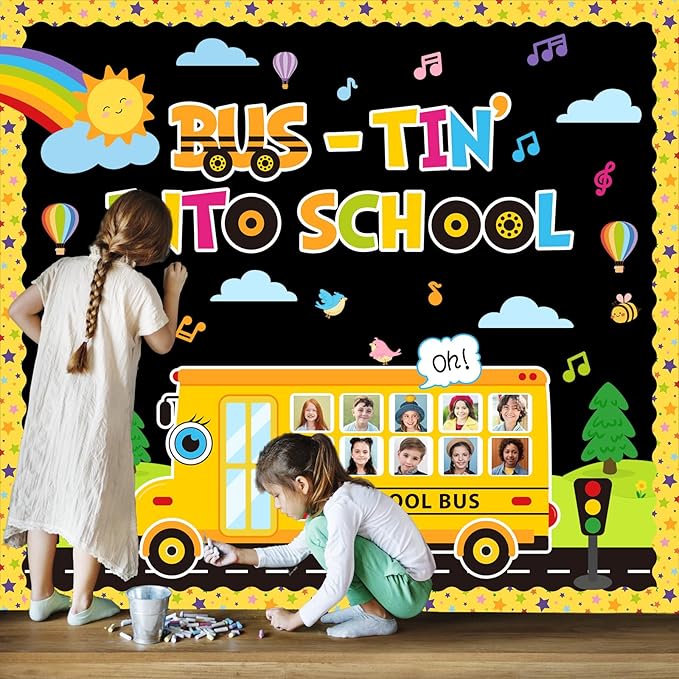 FYSUIMU 72 Pcs Back to School Bus Bulletin Board Decoration Set Yellow Bus-Tin Into School Photo Paper Cutouts with 150 Pcs Glue Points for DIY Crafts Classroom Party