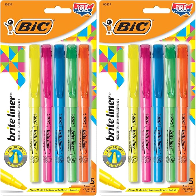 BIC Brite Liner Highlighters, Chisel Tip, 5-Count | Assorted Colors | Pack of 2