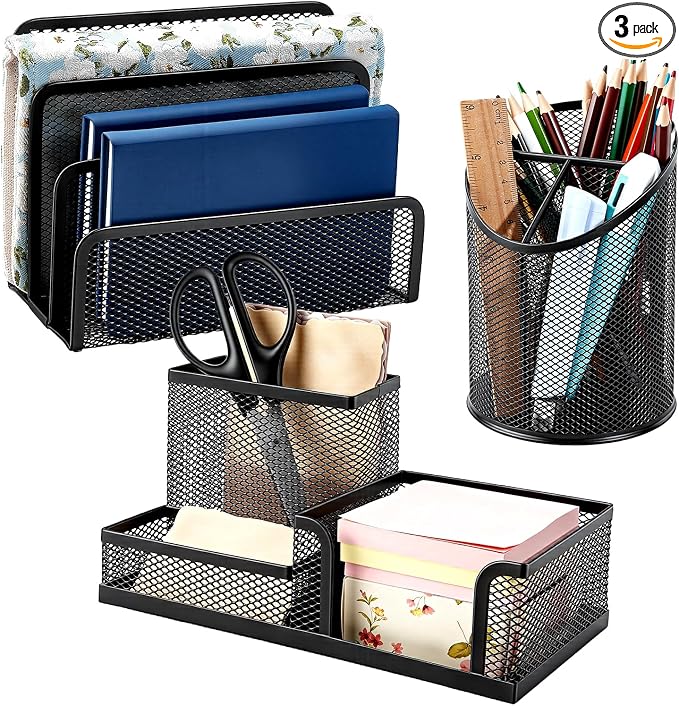 3PCS Metal Office Supply Desk Organizer Mesh Pen Holder with 3 Compartments Round Black Pencil Holder Mesh Mail Organizer Bill/Letter Organizer Desk Organizers for Office Home School