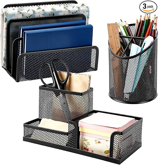 3PCS Metal Office Supply Desk Organizer Mesh Pen Holder with 3 Compartments Round Black Pencil Holder Mesh Mail Organizer Bill/Letter Organizer Desk Organizers for Office Home School